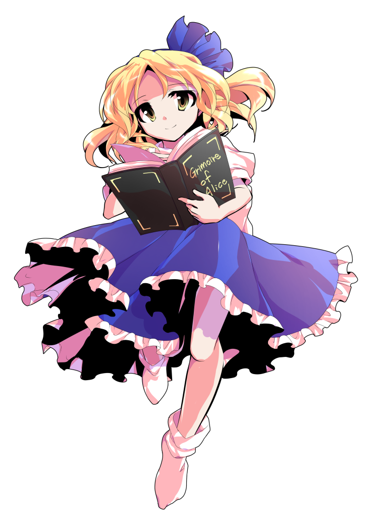 1girl alice_margatroid alice_margatroid_(pc-98) alphes_(style) bangs bare_arms blonde_hair blue_hairband blue_ribbon blue_skirt bobby_socks book closed_mouth dairi eyebrows eyebrows_visible_through_hair frilled_skirt frills hair_between_eyes hairband holding holding_book leg_up open_book parody parted_bangs puffy_short_sleeves puffy_sleeves ribbon shirt short_hair short_sleeves skirt smile socks solo style_parody touhou touhou_(pc-98) white_legwear white_shirt yellow_eyes