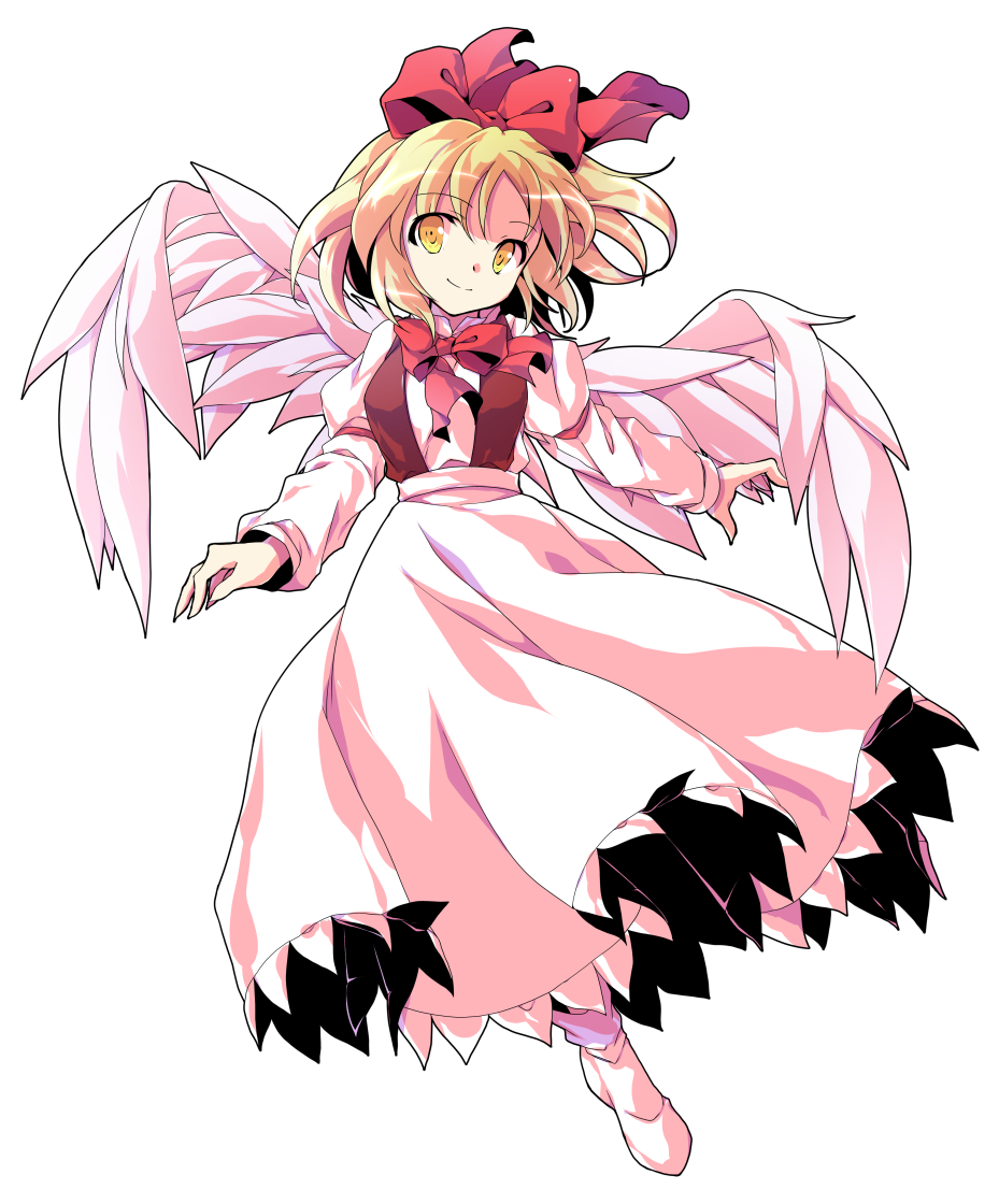 1girl alphes_(style) bangs black_vest blonde_hair bow bowtie closed_mouth dairi eyebrows eyebrows_visible_through_hair feathered_wings feathers full_body gengetsu hair_between_eyes hair_bow long_sleeves parody red_bow red_neckwear shirt short_hair simple_background skirt skirt_set smile socks solo style_parody tareme touhou touhou_(pc-98) transparent_background vest white_footwear white_shirt white_skirt white_wings wings yellow_eyes