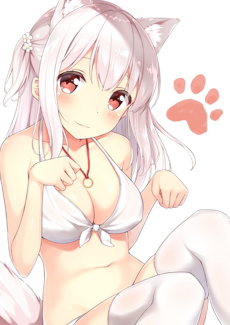 1girl :3 animal_ears bangs bare_shoulders bikini blush breasts cleavage collarbone dog_ears dog_tail eyebrows_visible_through_hair front-tie_bikini front-tie_top hair_ornament head_tilt jewelry karutamo long_hair looking_at_viewer medium_breasts navel necklace original paw_pose paw_print red_eyes side_ponytail simple_background sitting smile solo swimsuit tail thigh-highs tisshu_(karutamo) white_background white_bikini white_hair white_legwear