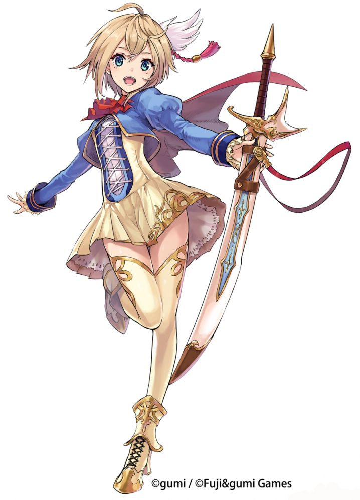 :d ahoge aqua_eyes blade blonde_hair boots cape company_name dare_ga_tame_no_alchemist feathers hair_ornament high_heel_boots high_heels holding holding_sword holding_weapon kanon_(dare_ga_tame_no_alchemist) official_art open_mouth puffy_sleeves sheath sheathed short_hair skirt sleeve_cuffs smile sword thigh-highs weapon younger