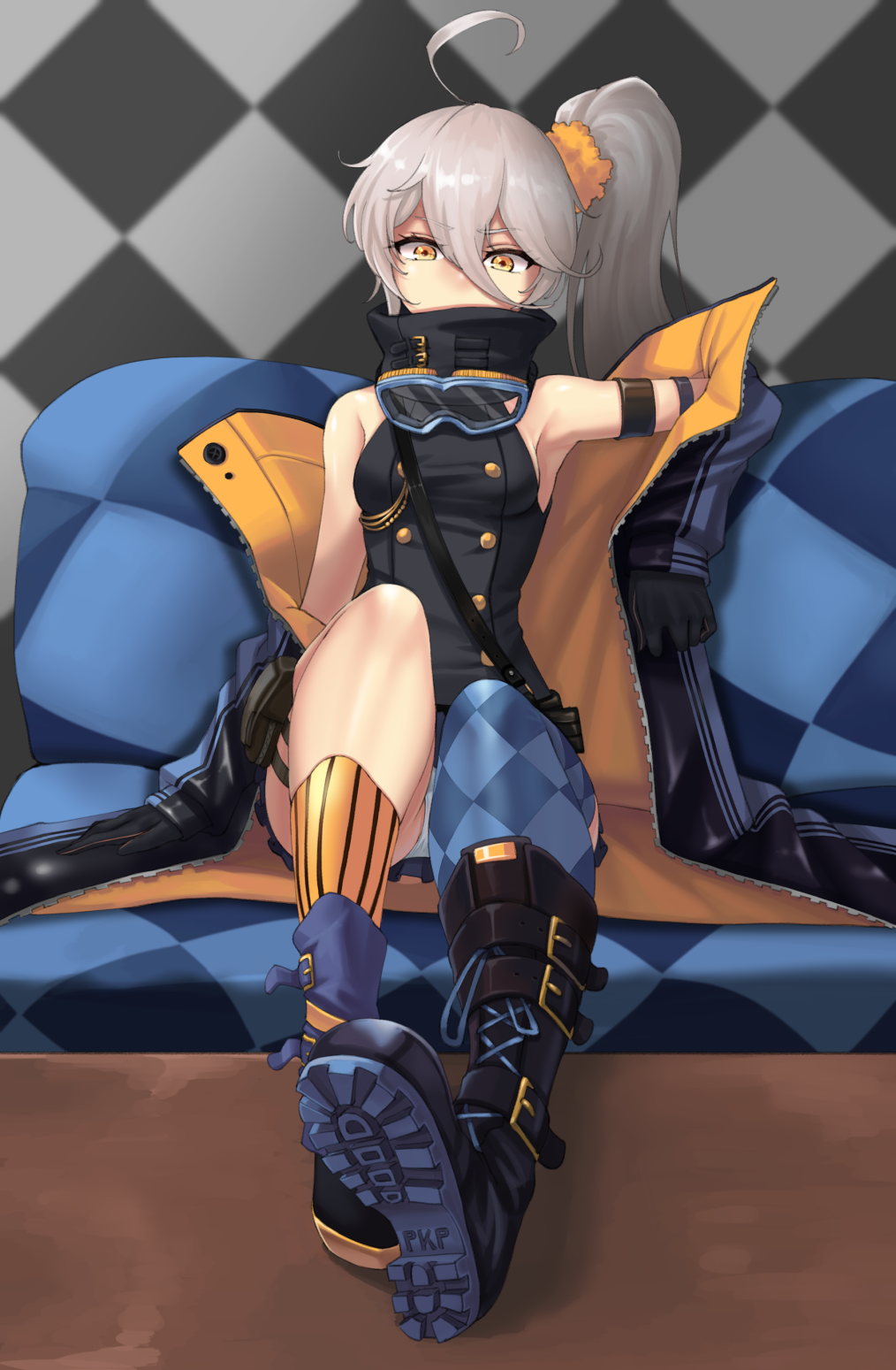 1girl ahoge aiguillette arm_at_side arm_strap arm_support armband armpits ass asymmetrical_legwear bangs bare_shoulders belt_boots black_gloves boots breasts buckle character_name checkered checkered_legwear checkered_wall choker cloel couch covered_mouth cross-laced_footwear double-breasted eyebrows_visible_through_hair eyes_visible_through_hair full_body girls_frontline gloves goggles goggles_around_neck hair_between_eyes half-closed_eyes head_tilt highres jacket knee_boots knee_up lace-up_boots legs_on_table long_hair looking_at_viewer medium_breasts on_couch open_clothes open_jacket panties pantyshot pantyshot_(sitting) partially_visible_vulva pkp_(girls_frontline) scrunchie side_ponytail sideboob silver_hair single_thighhigh sitting solo strap striped striped_legwear table thigh-highs thigh_strap thighs tsurime underwear very_long_hair white_panties yellow_eyes zipper zipper_pull_tab