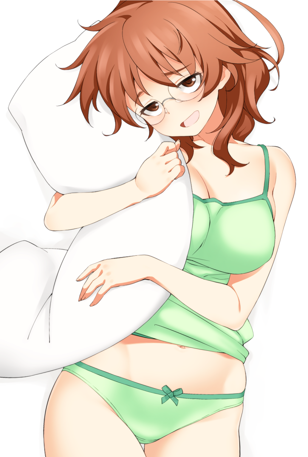 1girl araki_hina bare_shoulders blush bow bow_panties breasts brown_eyes brown_hair camisole cleavage glasses green_panties green_shirt hatakenaka_(kamagabuchi) highres hips idolmaster idolmaster_cinderella_girls looking_at_viewer medium_breasts messy_hair midriff open_mouth panties pillow pillow_hug shirt short_hair simple_background smile solo underwear wavy_hair white_background