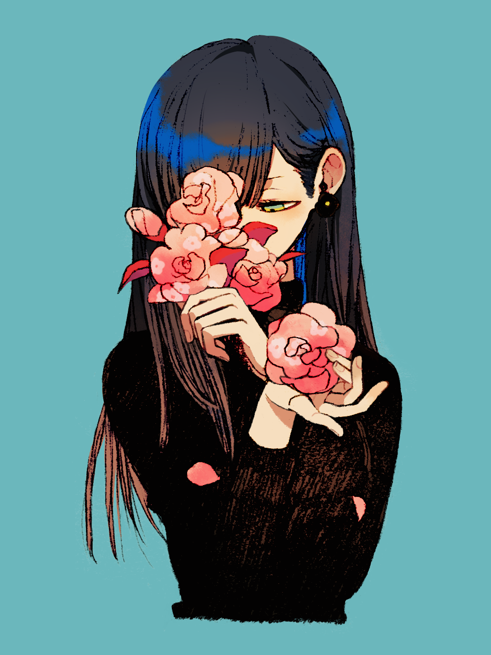 1girl bangs black_sweater blue_background brown_hair cropped_torso earrings fingernails flower green_eyes half-closed_eyes highres jewelry long_hair long_sleeves looking_down original saltsimulacrum shiny shiny_hair simple_background smelling_flower solo sweater turtleneck turtleneck_sweater upper_body