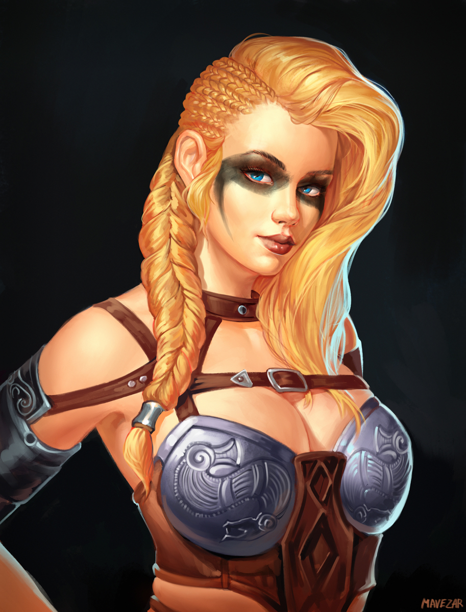 1girl armor artist_name asymmetrical_hair barbarian bikini_armor black_background blonde_hair blue_eyes braid breastplate breasts brynja_hegg cleavage cornrows eyelashes facepaint hair_over_shoulder harness highres large_breasts leather lips lipstick long_hair looking_at_viewer makeup mavezar nose original red_lipstick side_braid simple_background solo tribal upper_body