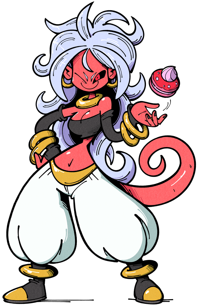 1girl android_21 black_nails black_sclera bracelet breasts cleavage cupcake detached_sleeves dragon_ball dragon_ball_fighterz earrings food full_body hand_on_hip harem_pants hoop_earrings jewelry long_hair majin_android_21 messy_hair nail_polish navel one_eye_closed pants pink_skin red_eyes shenanimation slender_waist smile solo standing stomach strapless tail tubetop very_long_hair