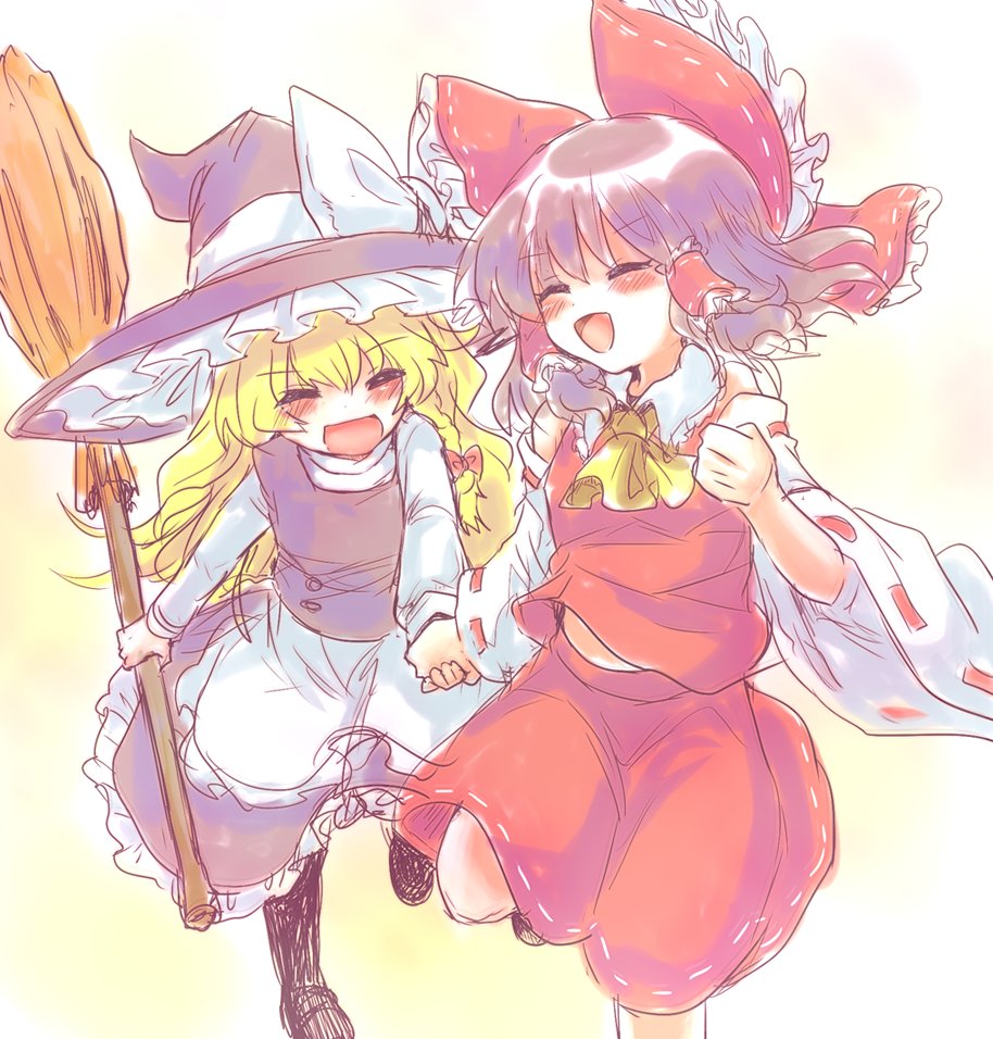 &gt;:d 2girls ^_^ ascot bare_shoulders blonde_hair blouse blush boots bow braid broom brown_hair closed_eyes detached_sleeves frilled_shirt_collar frilled_skirt frills hair_bow hair_ribbon hair_tubes hakurei_reimu hand_holding hat hat_bow hat_ribbon kirisame_marisa large_bow laughing long_hair long_sleeves medium_hair mochi547 multiple_girls ribbon ribbon-trimmed_sleeves ribbon_trim running side_braid single_braid skirt skirt_set touhou turtleneck v-shaped_eyebrows vest wavy_hair wide_sleeves witch_hat