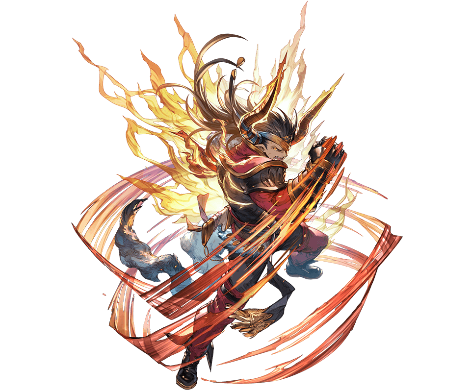 1boy black_hair boots dark_skin doraf eyepatch full_body fur_trim gloves granblue_fantasy horns long_hair male_focus minaba_hideo official_art open_mouth orange_eyes reinhardtzar scar solo teeth transparent_background