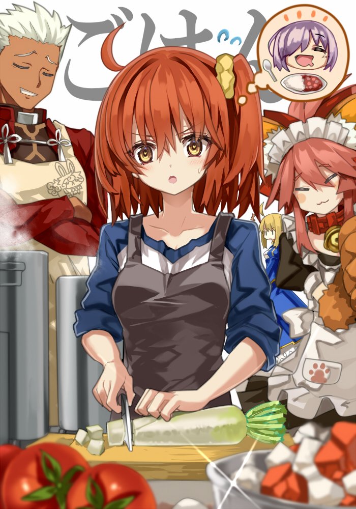 1boy 2girls ahoge animal_ears archer bell bell_collar blush closed_eyes collar commentary_request cooking dark_skin dark_skinned_male fate/extra fate/grand_order fate/stay_night fate_(series) fox_ears fujimaru_ritsuka_(female) hair_over_one_eye holding holding_knife knife long_hair mash_kyrielight multiple_girls orange_hair paws pink_hair scrunchie shino_(eefy) short_hair side_ponytail tamamo_(fate)_(all) thought_bubble white_hair yellow_eyes