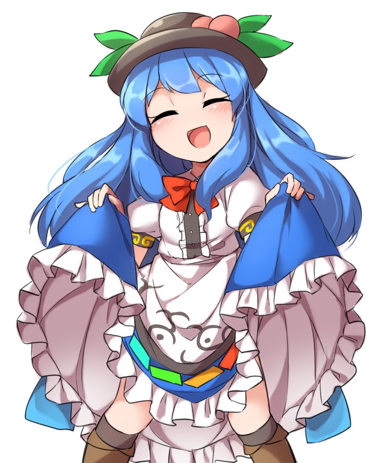 1girl :d ^_^ blue_hair blush boots bow bowtie closed_eyes commentary food food_on_head fruit fruit_on_head fun_bo hat hinanawi_tenshi kneehighs long_hair long_skirt object_on_head open_mouth peach skirt skirt_lift smile solo touhou