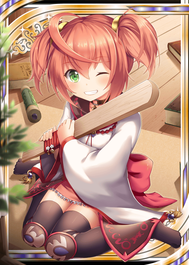 1girl akkijin amulet book card_(medium) green_eyes japanese_clothes jewelry necklace one_eye_closed orange_hair rattle seiza shinkai_no_valkyrie short_hair sitting solo thigh-highs twintails