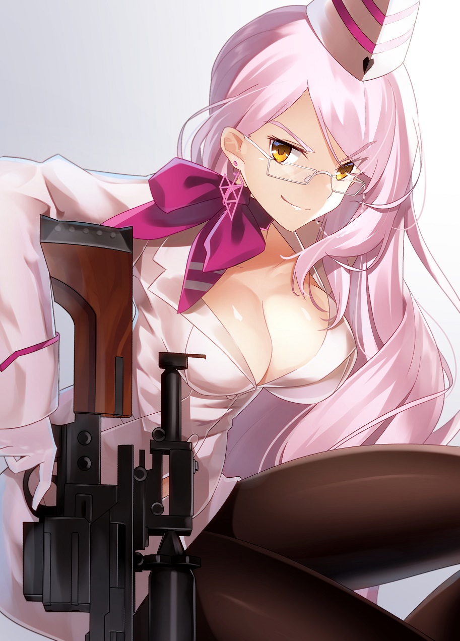 1girl breasts choker fate/grand_order fate_(series) glasses gloves gun hat highres holding holding_gun holding_weapon koyanskaya large_breasts long_hair looking_at_viewer midriff minamina pantyhose pink_hair ribbon ribbon_choker rifle scope smile sniper_rifle solo trigger_discipline very_long_hair weapon white_background white_gloves yellow_eyes