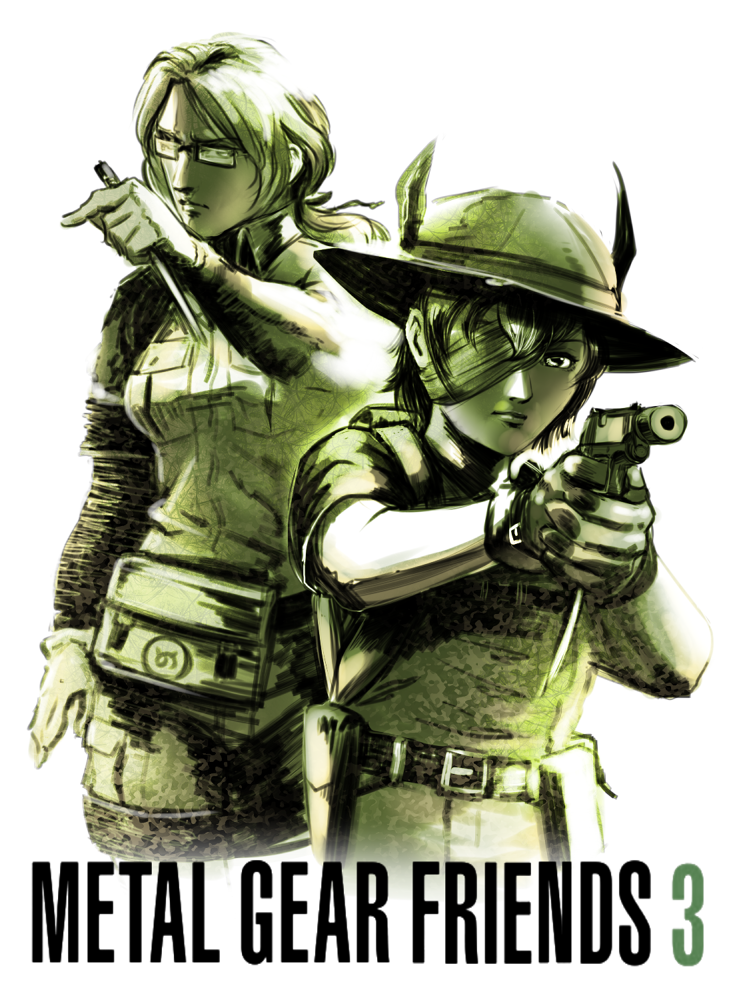 2girls combat_knife commentary_request dual_wielding eyepatch glasses gun handgun hat kaban_(kemono_friends) kemono_friends knife metal_gear_(series) metal_gear_solid_3 mirai_(kemono_friends) monochrome multiple_girls one-eyed parody pistol reverse_grip semi-rimless_eyewear style_parody suppressor taikyokuturugi under-rim_eyewear weapon