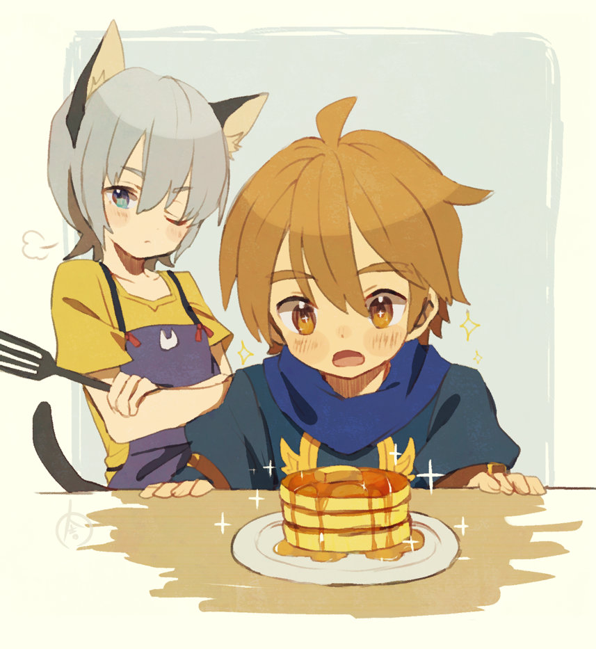 2boys animal_ears apron blue_eyes blush brown_eyes brown_hair butter cat_ears cat_tail catboy food forked_eyebrows great_kichi ledo_vassar male_focus multiple_boys open_mouth pancake pop-up_story selim_spark silver_hair sparkle spatula stack_of_pancakes syrup tail