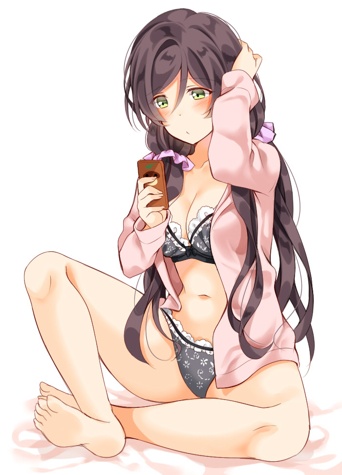 1girl barefoot blush bra cardigan cellphone green_eyes hand_on_own_head holding holding_phone long_hair long_sleeves looking_at_phone love_live! love_live!_school_idol_project low_twintails mogu_(au1127) navel panties phone pink_cardigan purple_hair purple_scrunchie scrunchie sitting smartphone solo toujou_nozomi twintails underwear white_background