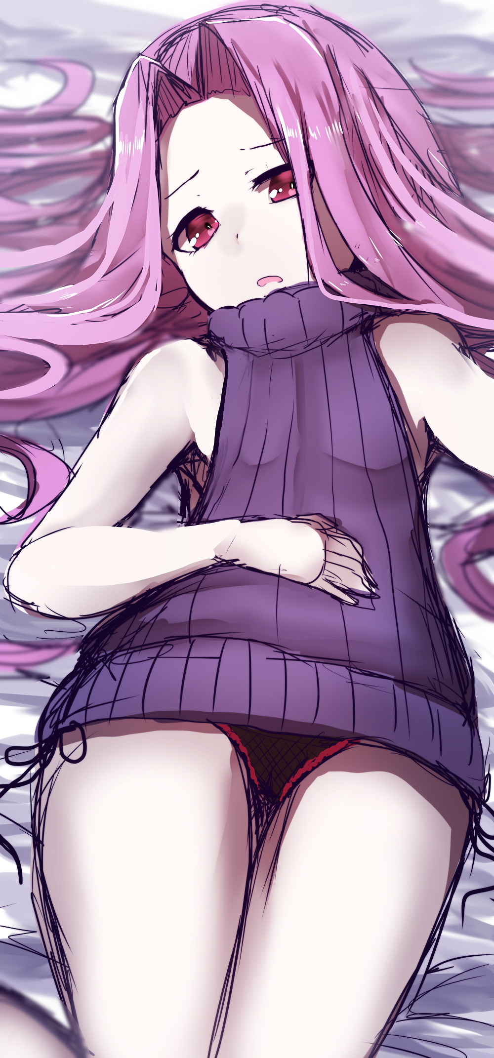 1girl bare_arms bare_shoulders black_panties character_request fate/grand_order fate_(series) hand_on_own_stomach head_tilt highres long_hair looking_at_viewer lying on_back panties parted_lips purple_hair purple_sweater red_eyes side-tie_panties sketch sleeveless solo sweater turtleneck turtleneck_sweater underwear very_long_hair wadakazu