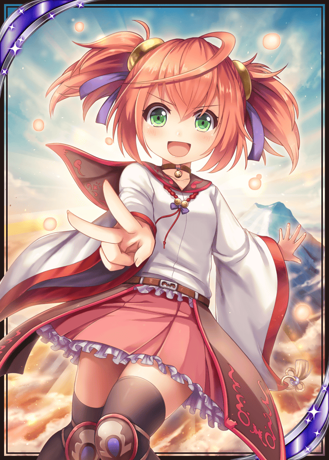 &gt;:d 1girl akkijin belt card_(medium) flying frilled_skirt frills green_eyes hair_ornament hair_ribbon japanese_clothes jewelry looking_at_viewer mountain necklace orange_hair orbit purple_ribbon rattle ribbon shinkai_no_valkyrie short_hair skirt sky solo sunrise thigh-highs twintails v