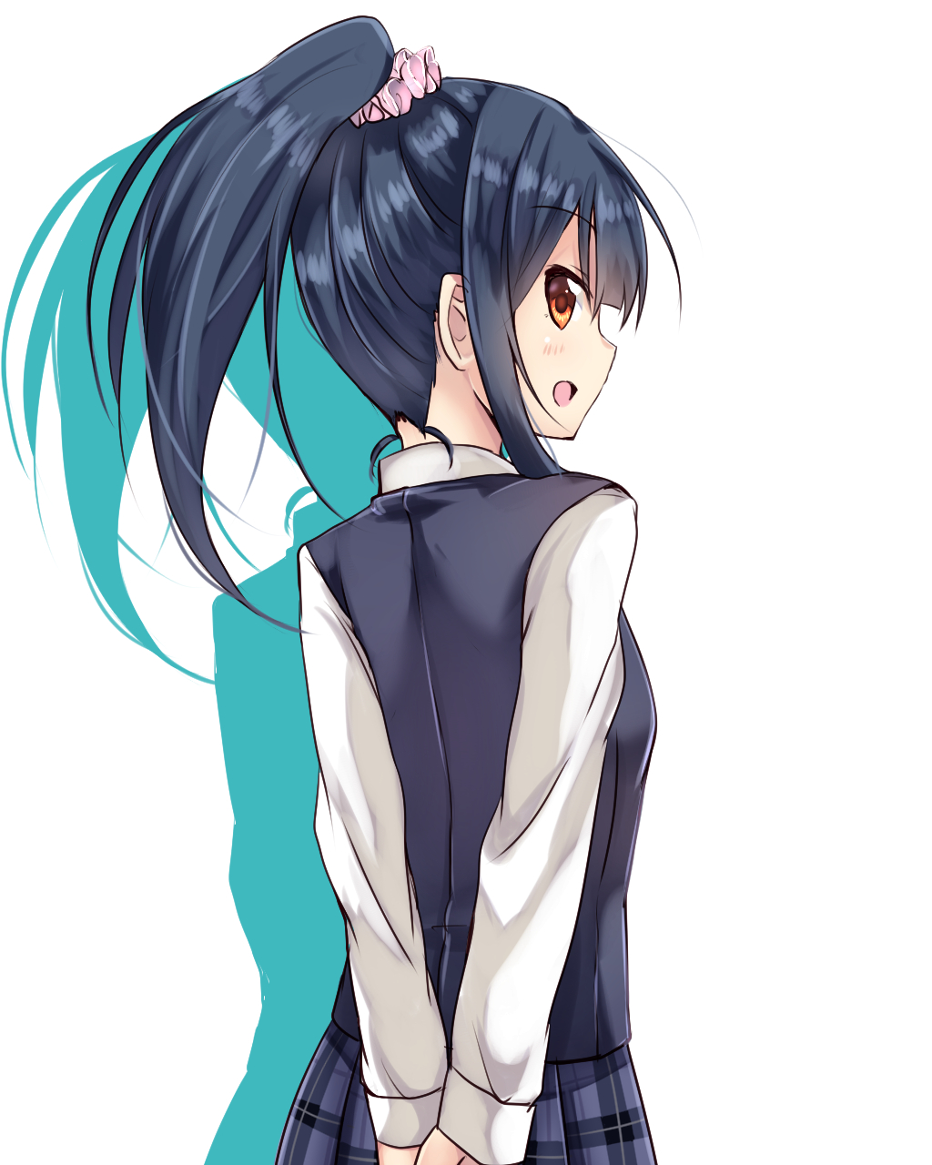 1girl :d amano_kouki arms_behind_back bangs black_hair blue_skirt blue_vest blush borrowed_character brown_eyes character_request eyebrows_visible_through_hair from_behind hair_between_eyes hair_ornament hair_scrunchie high_ponytail highres long_hair long_sleeves looking_at_viewer looking_back open_mouth original pink_scrunchie plaid plaid_skirt pleated_skirt ponytail profile school_uniform scrunchie shirt sidelocks skirt smile solo vest white_background white_shirt