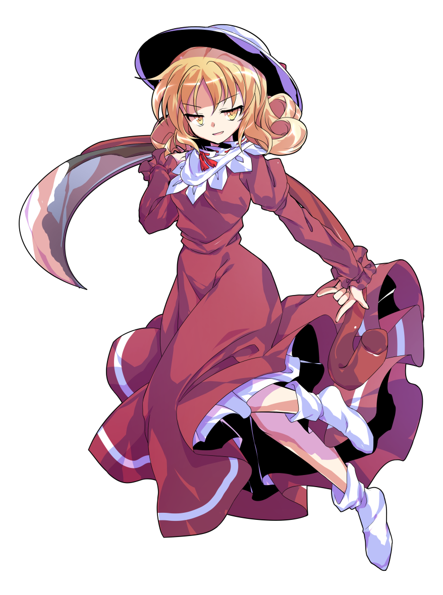 1girl :d \m/ alphes_(style) bangs blonde_hair bobby_socks bow breasts capelet curly_hair dairi dress elly eyebrows eyebrows_visible_through_hair facing_away full_body hair_between_eyes hat hat_bow holding holding_scythe holding_weapon long_sleeves looking_at_viewer medium_breasts open_mouth parody puffy_long_sleeves puffy_sleeves purple_bow purple_dress red_ribbon ribbon ribbon-trimmed_capelet ribbon-trimmed_clothes ribbon_trim scythe short_hair simple_background smile socks solo style_parody touhou touhou_(pc-98) transparent_background tsurime v-shaped_eyebrows weapon white_capelet white_hat white_legwear yellow_eyes