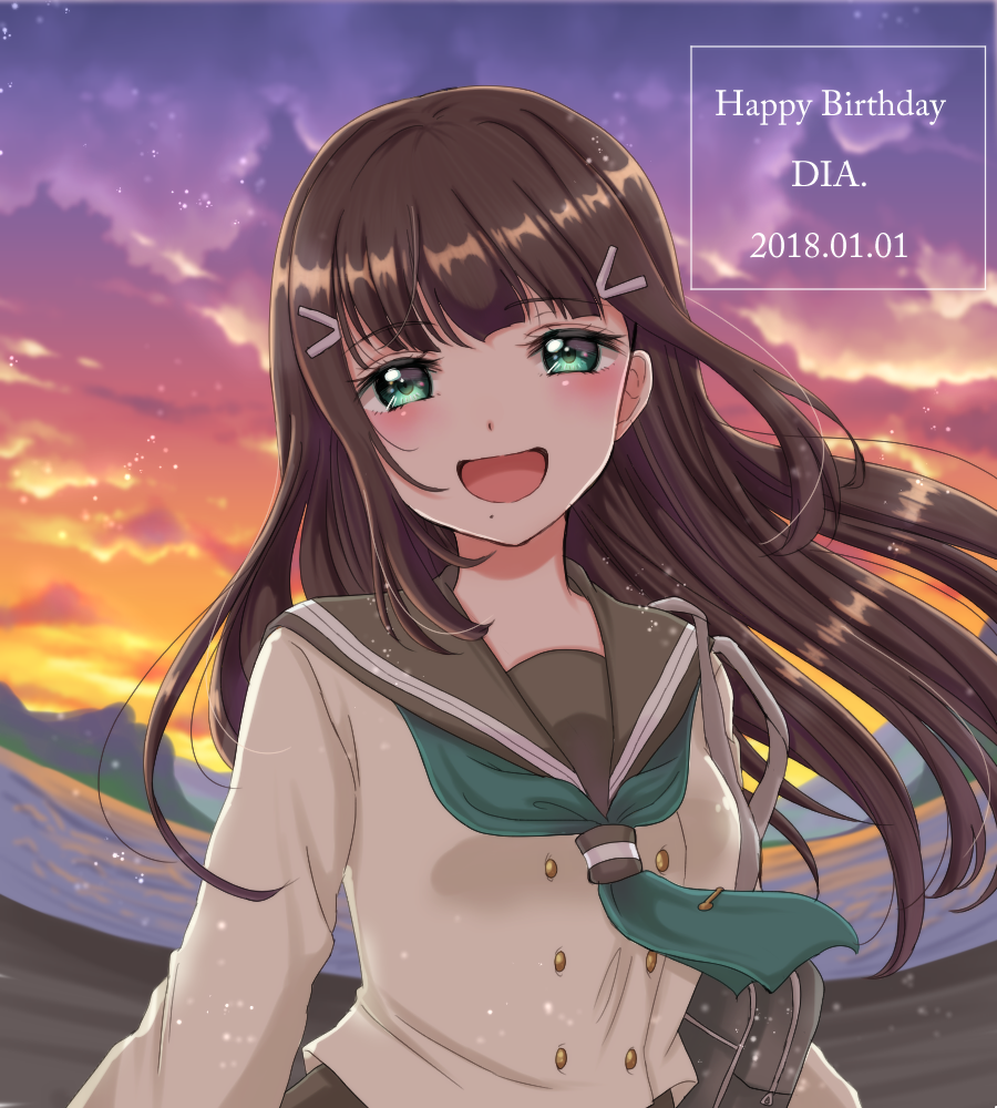 1girl bag bangs beach blunt_bangs blush brown_hair character_name clouds cloudy_sky eneco evening fisheye green_eyes hair_ornament hairclip kurosawa_dia long_hair long_sleeves looking_at_viewer love_live! love_live!_sunshine!! mole mole_under_eye ocean outdoors school_bag school_uniform serafuku shoulder_bag sky solo straight_hair sunset uranohoshi_school_uniform