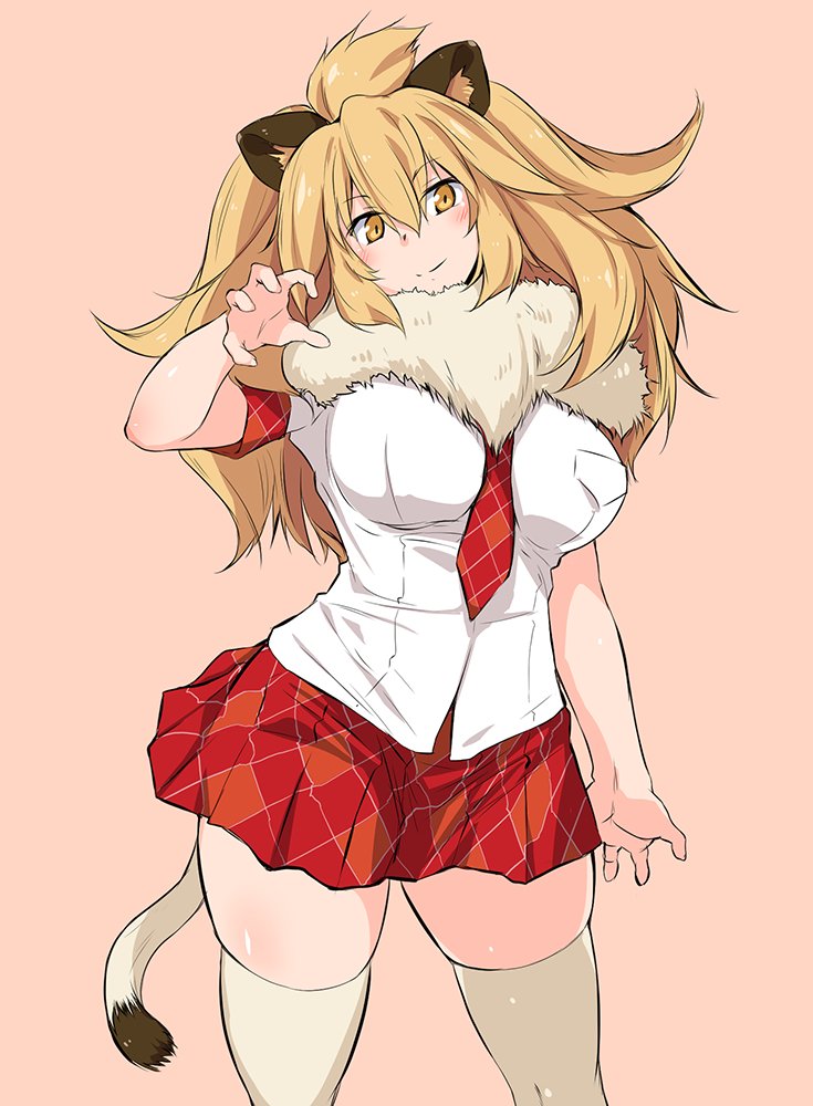 animal_ears blonde_hair breasts buttons kemono_friends kuronyan large_breasts lion_(kemono_friends) lion_ears lion_tail red_skirt shirt skirt tail thigh-highs thighs yellow_eyes