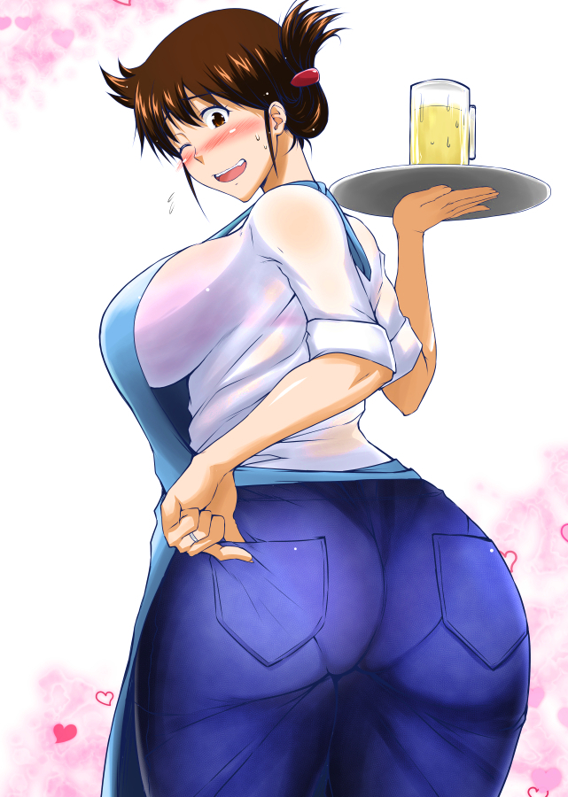 1girl alcohol apron ass beer blush bra breasts brown_hair character_request curvy denim flying_sweatdrops huge_breasts jeans kimura_naoki mature open_mouth pants plump see-through shiny shiny_skin short_hair source_request sweat sweat_stain tied_hair tray underwear