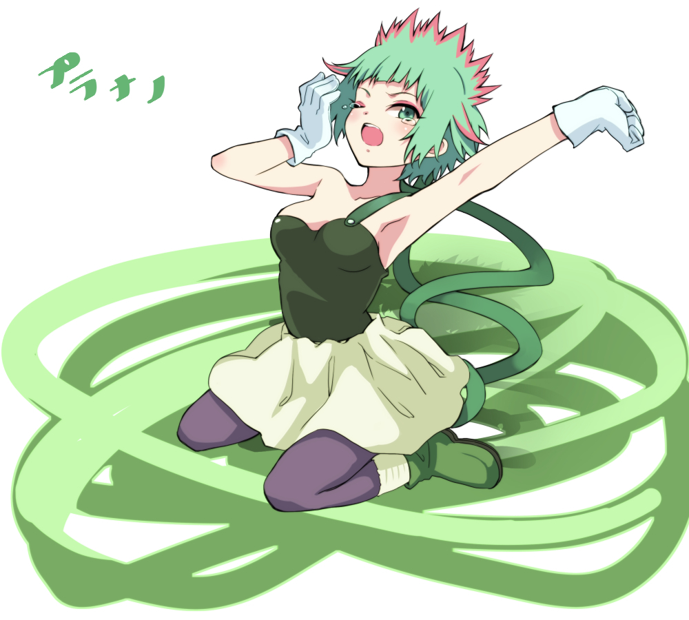 1girl ;o aqua_eyes arm_up black_legwear character_name gloves green_footwear green_hair long_hair looking_at_viewer mahoujin_guruguru one_eye_closed planano single_bare_shoulder sitting skirt solo stretch very_long_hair wariza white-aster white_gloves