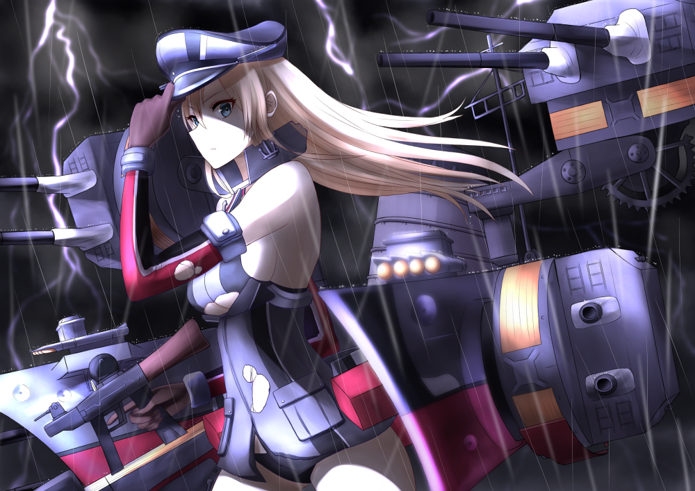 1girl anchor_earrings bare_shoulders bismarck_(kantai_collection) black_gloves black_hat black_panties blonde_hair blue_eyes breasts cannon closed_mouth clouds cloudy_sky cowboy_shot detached_sleeves earrings from_side gloves gun hair_between_eyes hand_on_headwear hand_up hat holding holding_gun holding_weapon itsuwa_(continue) jewelry kantai_collection large_breasts long_hair long_sleeves machinery no_bra no_pants outdoors panties peaked_cap pocket rain revision rigging serious shaded_face side_glance sideboob sky solo standing thunder torn_clothes trigger_discipline turret under_boob underwear water weapon