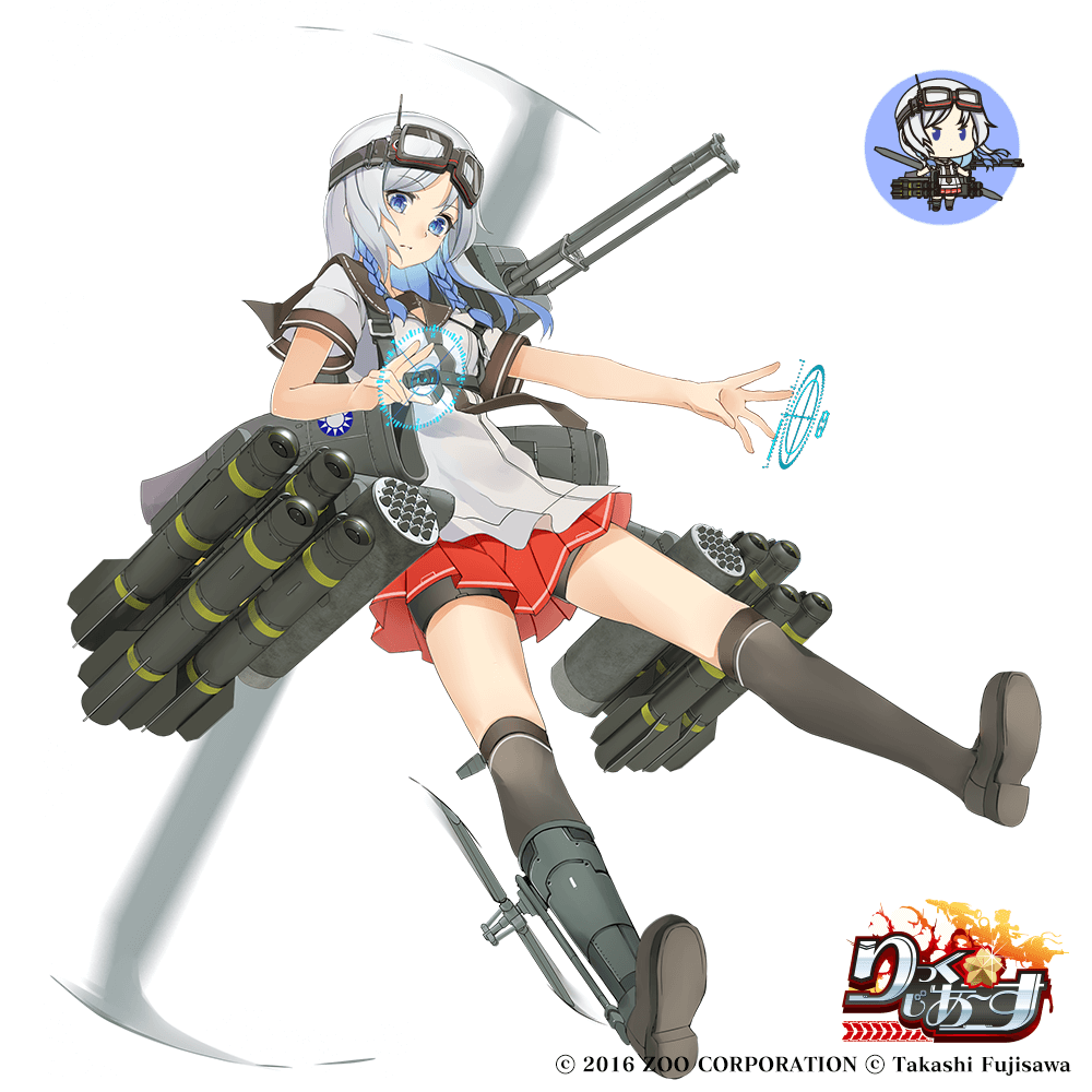 1girl ah-1_supercobra black_legwear blue_eyes character_request chibi copyright_name goggles goggles_on_head gun holographic_interface looking_at_viewer missiles official_art radiosity_(yousei) red_skirt rick_g_earth skirt solo thigh-highs watermark weapon white_hair