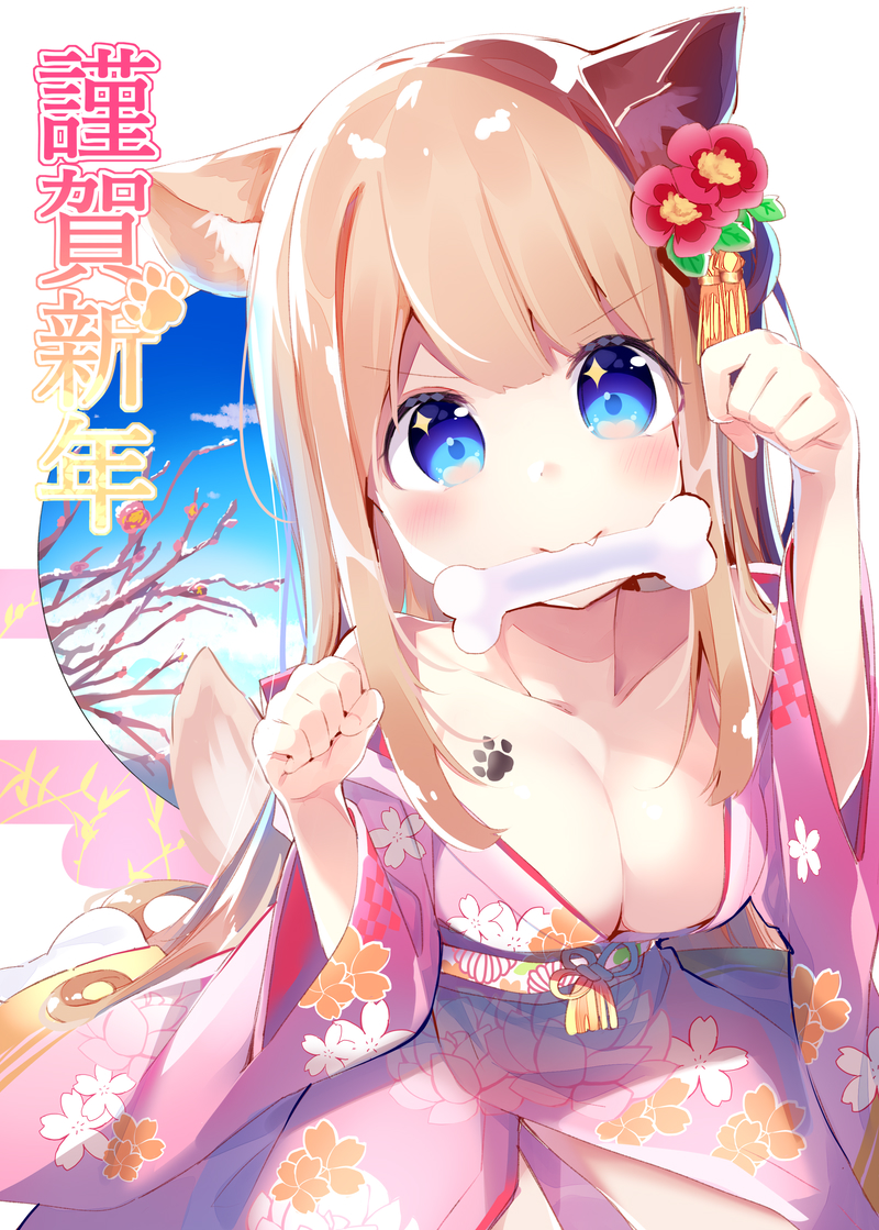 1girl :3 animal_ears bangs bare_shoulders blue_eyes blue_sky blush bone breasts chikuwa. cleavage clouds collarbone commentary_request dog_ears dog_girl dog_tail eyebrows_visible_through_hair fang floral_print flower hair_flower hair_ornament head_tilt japanese_clothes kimono light_brown_hair long_sleeves looking_at_viewer medium_breasts mouth_hold off_shoulder original pink_flower pink_kimono print_kimono sky snow solo tail v-shaped_eyebrows wide_sleeves year_of_the_dog
