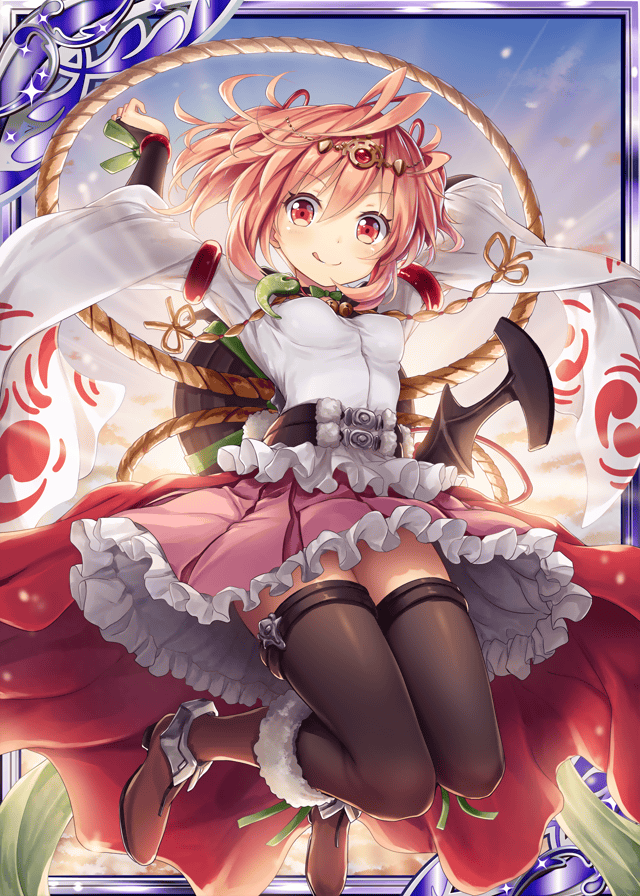 1girl akkijin amulet blue_sky boots card_(medium) frilled_skirt frills japanese_clothes jewelry jumping looking_at_viewer orange_hair red_eyes shinkai_no_valkyrie short_hair skirt sky solo sunrise thigh-highs tiara tongue tongue_out weapon