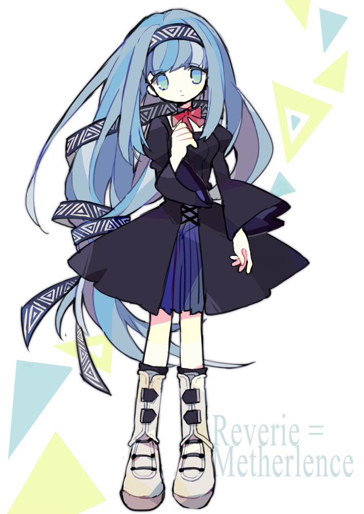 1girl bangs black_dress blue_eyes blue_hair blue_ribbon boots character_name cherudo choker dress elemental_gelade expressionless full_body hair_ribbon knee_boots long_hair red_ribbon reverie_metherlence ribbon ribbon_choker simple_background solo standing white_footwear wide_sleeves