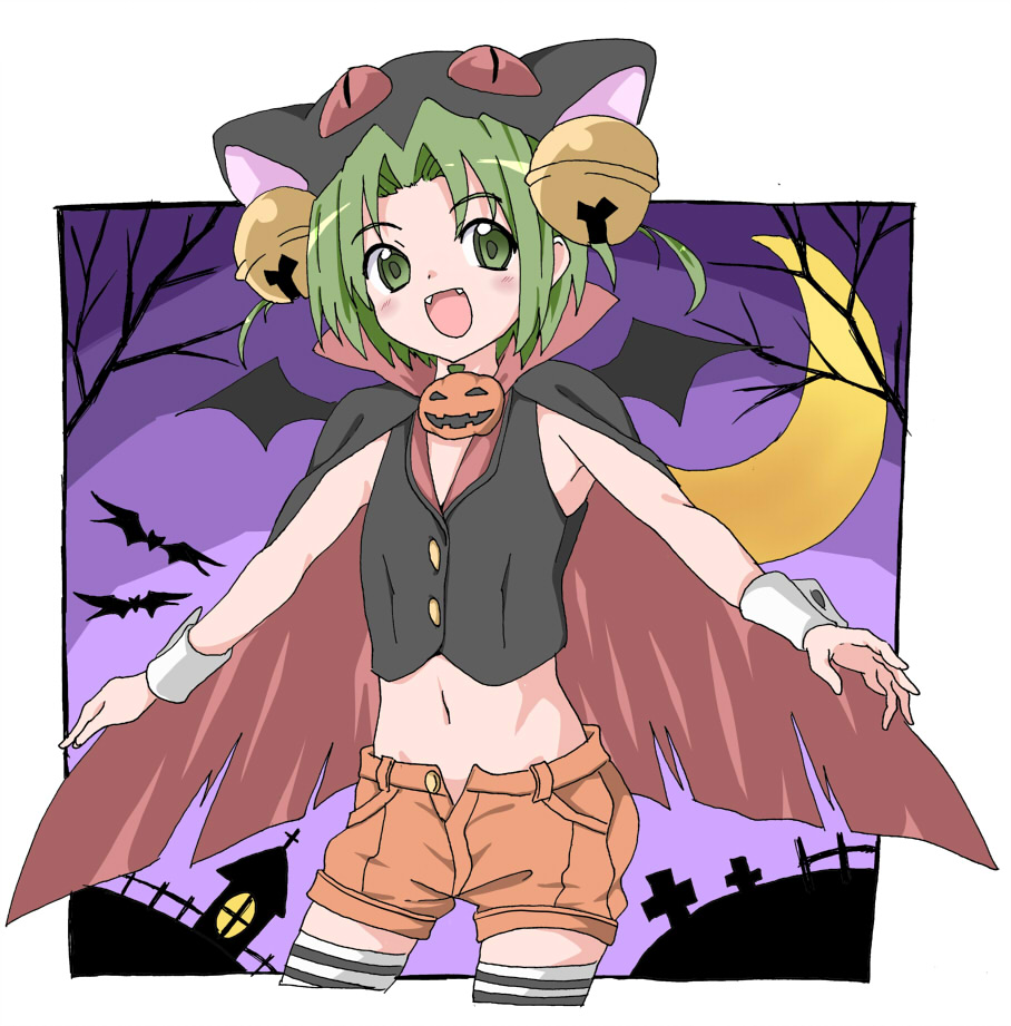 1girl :d alternate_costume animal_hat ballpoint_pen_(medium) bell black_vest cape cat_hat cowboy_shot crescent_moon dejiko di_gi_charat fangs fujiwara_tatsuro green_eyes green_hair hair_bell hair_ornament halloween halloween_costume hat jack-o'-lantern jingle_bell moon open_mouth orange_shorts out_of_frame outstretched_arms popped_collar short_hair short_shorts shorts sleeveless smile solo spread_arms thigh-highs traditional_media vest wrist_cuffs zettai_ryouiki
