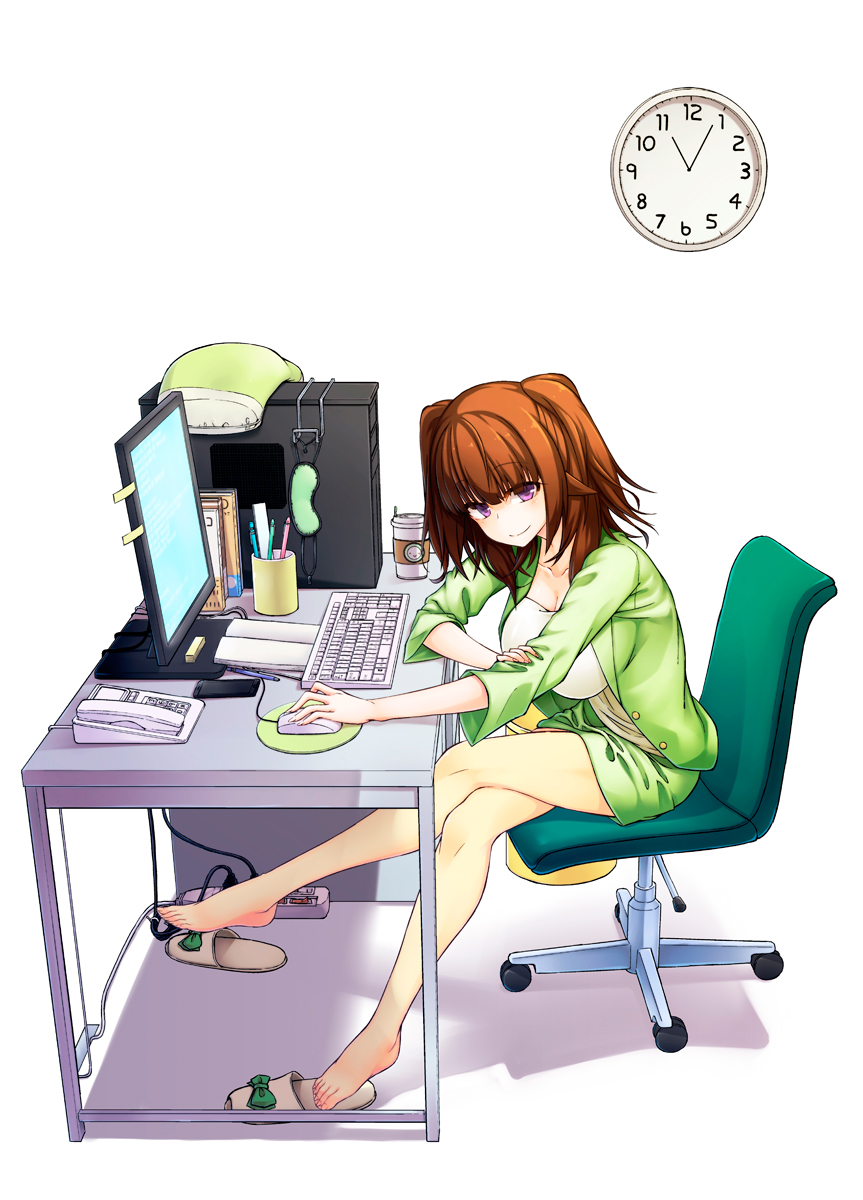 1girl barefoot breasts brown_hair cleavage clock comic computer desktop feet highres ikinokore!_shachiku-chan large_breasts long_sleeves looking_at_viewer pillow sakura_ouka shoes_removed skirt smile solo toes twintails violet_eyes yuuki._(limit)