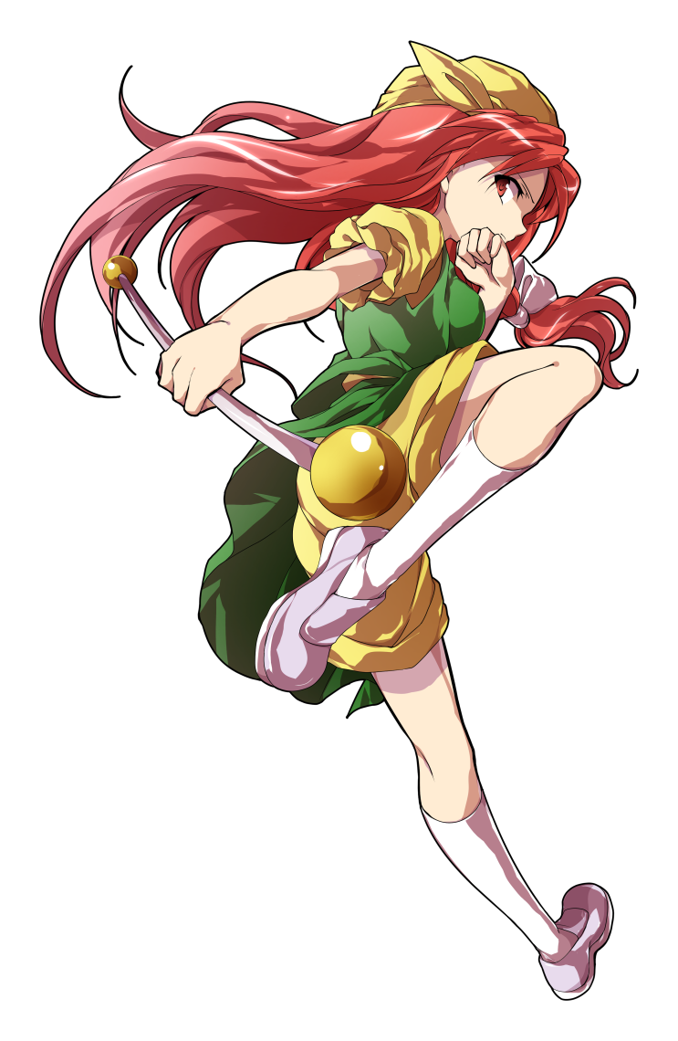 1girl alphes_(style) ass bare_arms baton closed_mouth dairi eyebrows facing_away floating_hair from_side full_body hair_ribbon hat holding kneehighs leg_up loafers long_hair looking_away looking_to_the_side orange_(touhou) palms parody puffy_short_sleeves puffy_sleeves red_eyes redhead ribbon shirt shoes short_sleeves shorts sideways_mouth silver_footwear simple_background solo standing standing_on_one_leg style_parody touhou touhou_(pc-98) transparent_background white_legwear white_ribbon yellow_hat yellow_shirt yellow_shorts