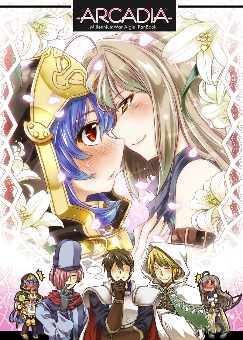 2girls 3boys ahoge alisa_(sennen_sensou_aigis) blonde_hair blue_hair blue_hat blush bow_(weapon) brown_hair character_request closed_eyes commentary_request copyright_name english face-to-face flower hat holding holding_bow_(weapon) holding_staff holding_weapon hood imagining lily_(flower) looking_at_another multiple_boys multiple_girls pink_hair red_eyes sennen_sensou_aigis smile soma_(sennen_sensou_aigis) staff takana_shinno weapon yuri yurijoshi
