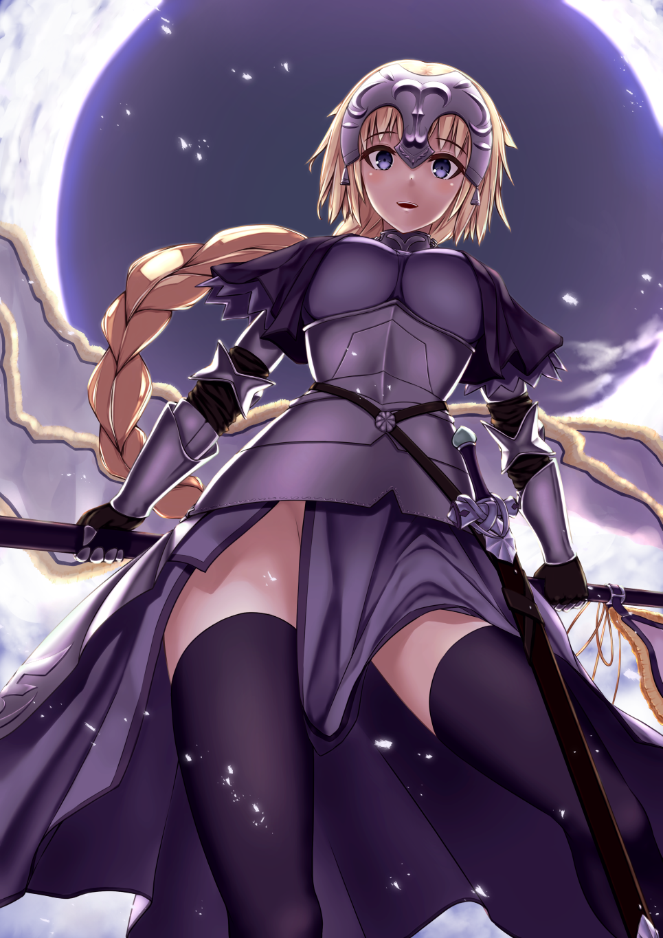 1girl :d armor armored_dress blonde_hair blue_eyes braid breasts capelet enchuu fate/grand_order fate_(series) flagpole gauntlets headpiece highres jeanne_d'arc_(fate) jeanne_d'arc_(fate)_(all) light_blush long_hair looking_at_viewer looking_down medium_breasts open_mouth scabbard sheath single_braid smile solo standing sword thigh-highs very_long_hair weapon