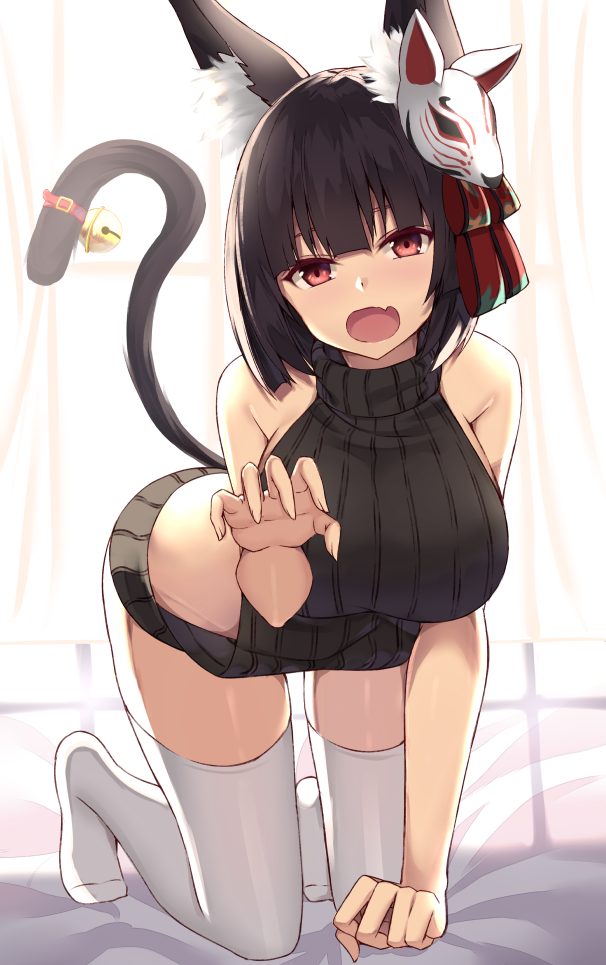 1girl all_fours alternate_costume animal_ears arm_support azur_lane backless_outfit bangs bare_arms bare_shoulders bed_sheet bell black_hair black_sweater blunt_bangs blush breasts cat_ears cat_tail claw_pose colored_eyelashes curtains dress fang full_body hanging_breasts jingle_bell kanikou large_breasts looking_at_viewer mask mask_on_head meme_attire no_shoes red_eyes short_hair sleeveless sleeveless_turtleneck solo sweater sweater_dress tail tail_bell thigh-highs turtleneck turtleneck_sweater virgin_killer_sweater white_legwear yamashiro_(azur_lane)