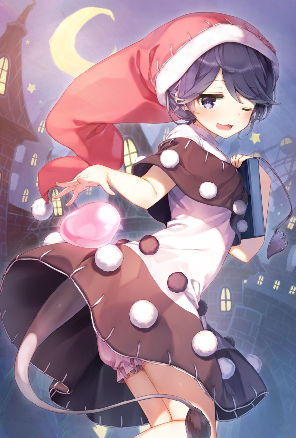 1girl ;3 ;d bare_arms black_dress bloomers blue_eyes blue_hair book bookmark capelet crescent_moon doremy_sweet dream_soul dress from_side hat holding holding_book looking_at_viewer moon multicolored multicolored_clothes multicolored_dress night night_sky nightcap one_eye_closed open_mouth outdoors outstretched_arm outstretched_hand pom_pom_(clothes) red_hat shinoba short_hair sky smile solo star tail tapir_tail touhou underwear white_dress window