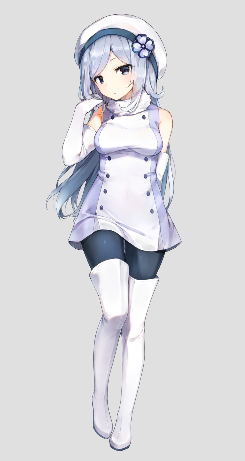 1girl aila_jyrkiainen bare_shoulders beret blue_eyes blush boots breasts dress elbow_gloves full_body fur_trim gloves gundam gundam_build_fighters hat highres long_hair looking_at_viewer medium_breasts pantyhose shinoba silver_hair simple_background sleeveless sleeveless_dress solo thigh-highs thigh_boots