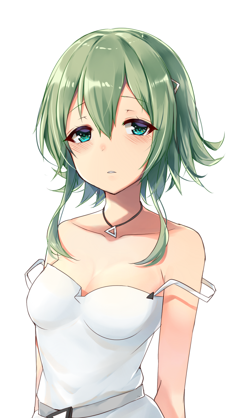 1girl aqua_eyes arms_behind_back bare_shoulders blush breasts cleavage collarbone dress expressionless eyelashes green_hair hair_between_eyes hair_ornament hairclip half-closed_eyes highres jewelry looking_at_viewer medium_breasts necklace original parted_lips shiny shiny_hair short_hair_with_long_locks simple_background sleeveless sleeveless_dress solo sundress upper_body white_background white_dress zhi_zhi/zu_zu
