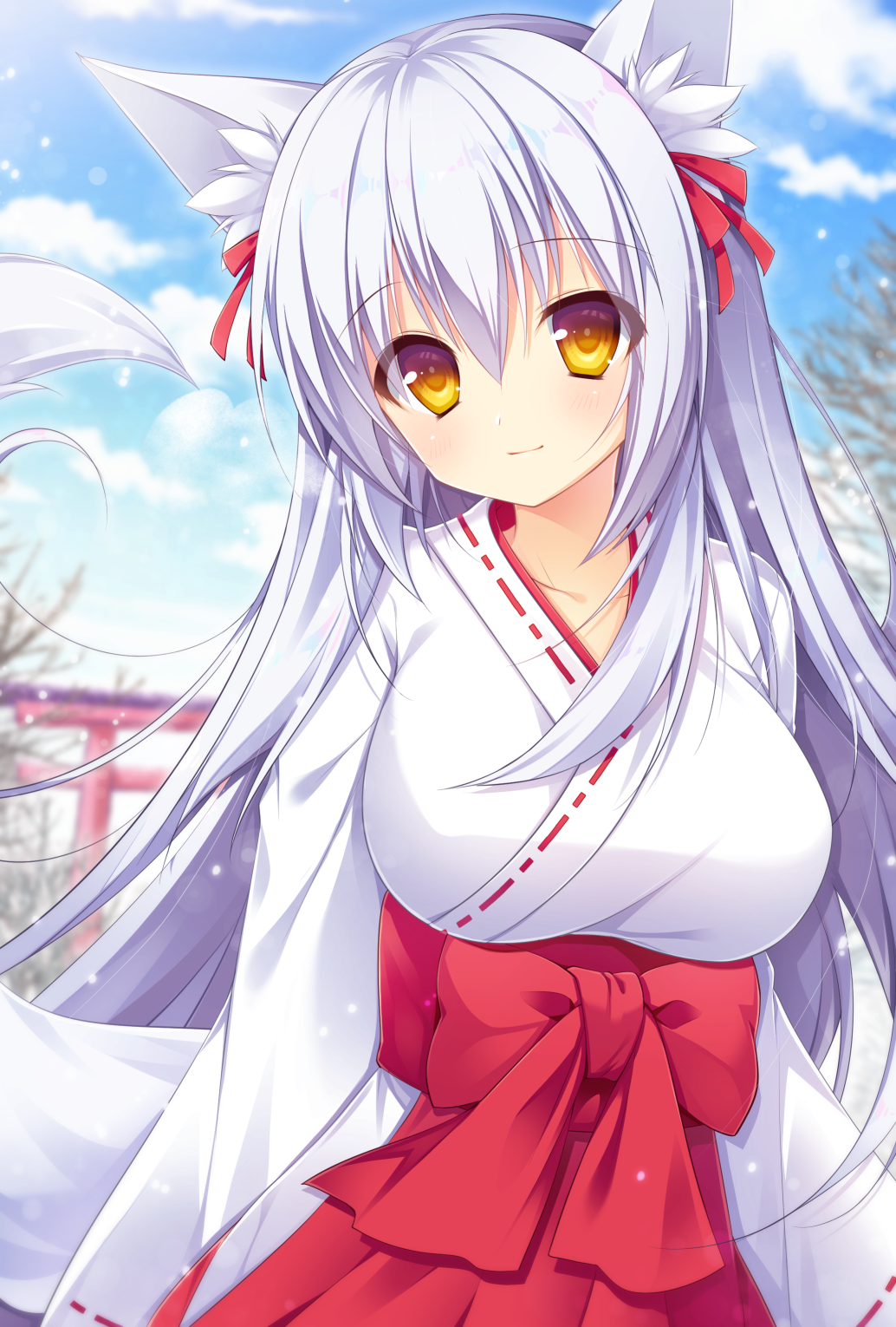 1girl animal_ears arms_at_sides bangs blue_sky blush breasts closed_eyes day fox_ears fox_tail hair_between_eyes hair_ribbon hakama highres japanese_clothes kimono large_breasts lens_flare long_hair long_sleeves looking_at_viewer miko original outdoors pimopi red_hakama red_ribbon ribbon sky solo sunlight tail tareme torii upper_body very_long_hair white_hair white_kimono wide_sleeves winter yellow_eyes