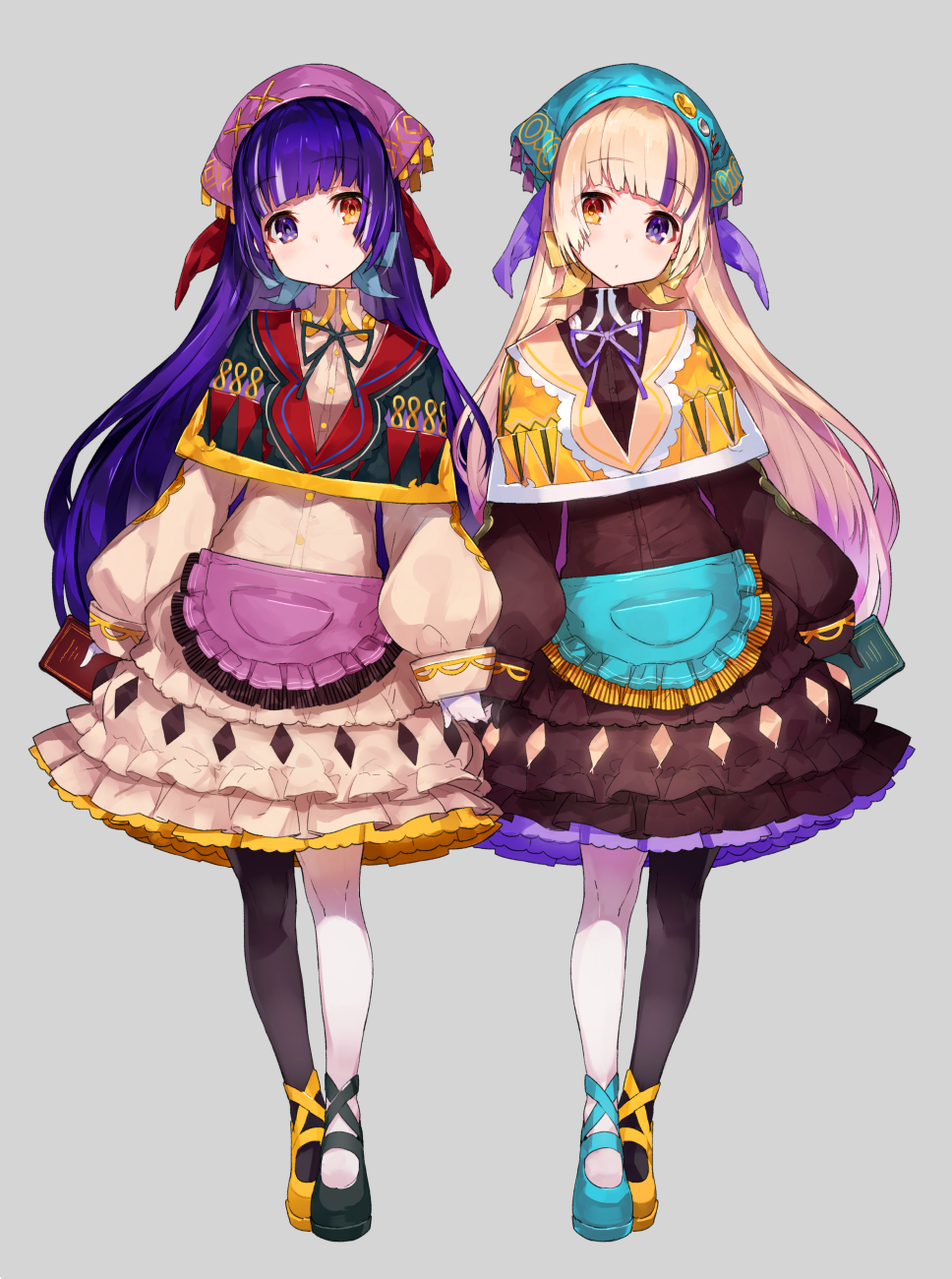 2girls apron bangs black_gloves blonde_hair blunt_bangs blush brown_eyes buttons cowboy_shot dress eyebrows_visible_through_hair gloves grey_background hair_ribbon hand_holding head_scarf head_tilt heterochromia highres long_hair long_sleeves looking_at_viewer mika_pikazo multicolored_hair multiple_girls neck_ribbon original pantyhose purple_hair ribbon siblings side-by-side sidelocks simple_background symmetrical_pose tareme twins two-tone_hair very_long_hair violet_eyes white_gloves yellow_eyes