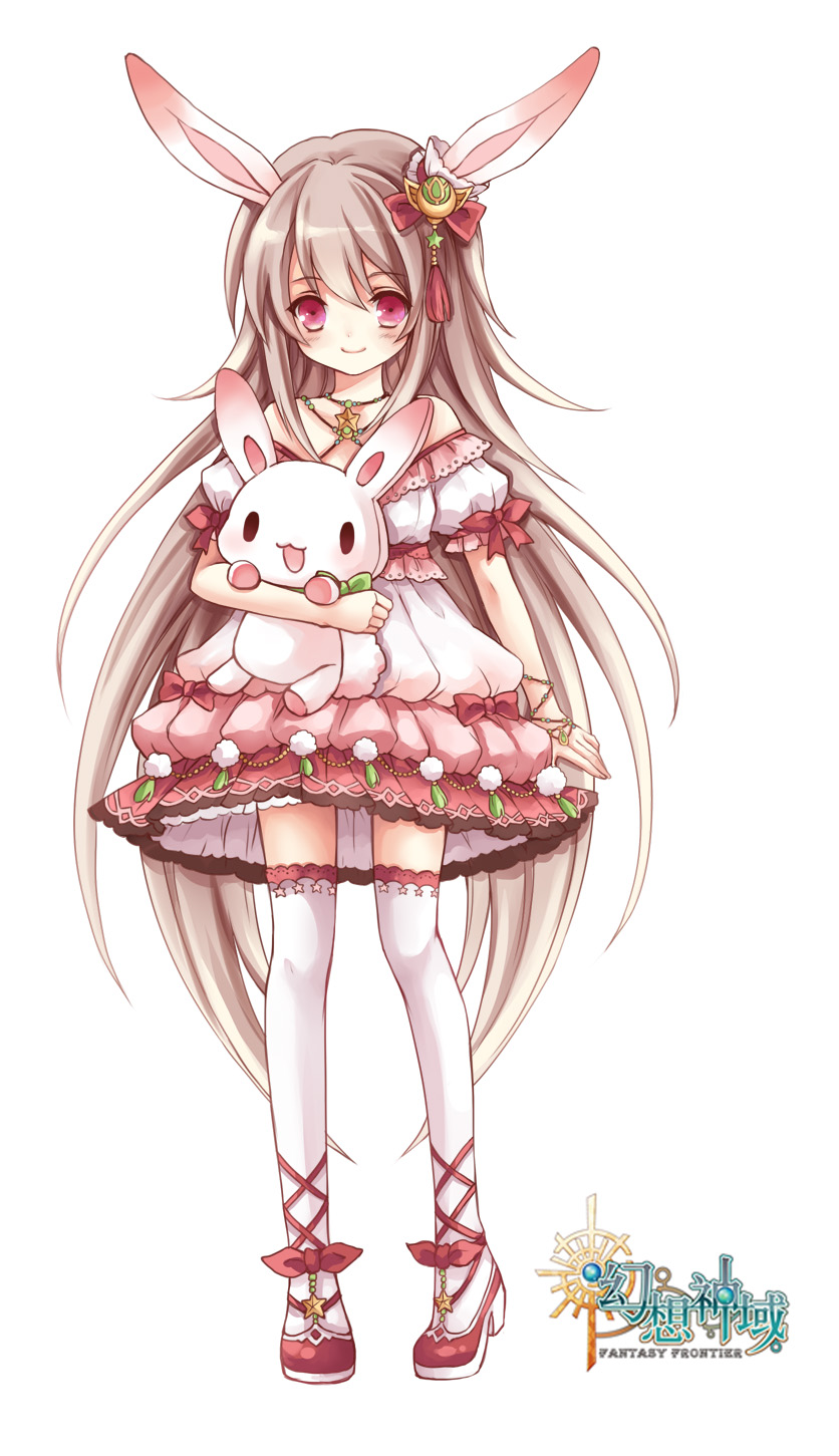 1girl animal_ears aura_kingdom bangs blush brown_hair bunny_girl bya closed_mouth commentary_request copyright_name dress eyebrows_visible_through_hair full_body hair_between_eyes hair_ornament high_heels highres jewelry long_hair object_hug off-shoulder_dress off_shoulder puffy_short_sleeves puffy_sleeves rabbit_ears red_footwear serena_(aura_kingdom) short_dress short_sleeves simple_background smile standing star stuffed_animal stuffed_bunny stuffed_toy thigh-highs very_long_hair violet_eyes white_background white_dress white_legwear