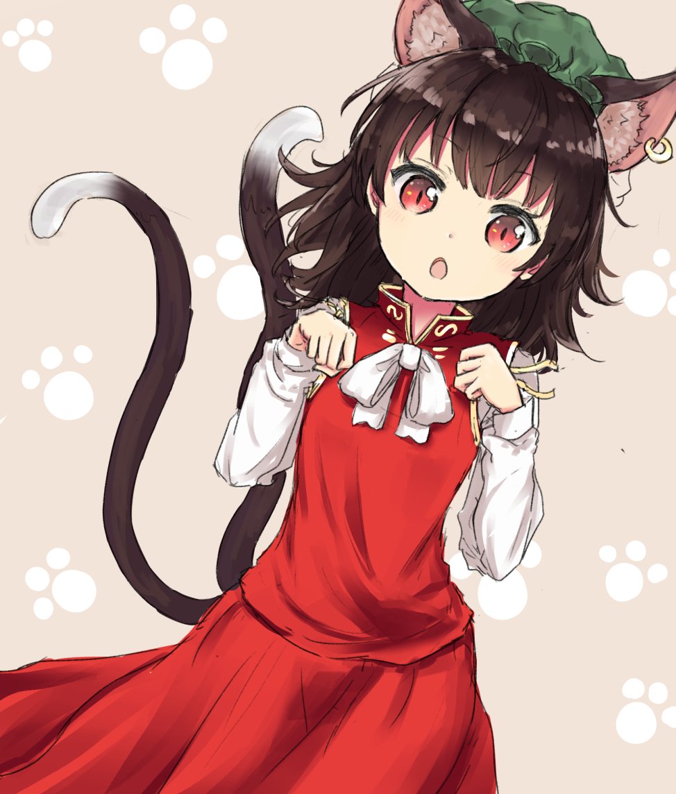 1girl :o animal_ears brown_hair cat_ears cat_tail chen chinese_clothes coraman green_hat hands_up hat jewelry long_sleeves looking_at_viewer medium_hair multiple_tails paw_background red_eyes red_skirt single_earring skirt skirt_set slit_pupils solo tail touhou two_tails vest white_neckwear
