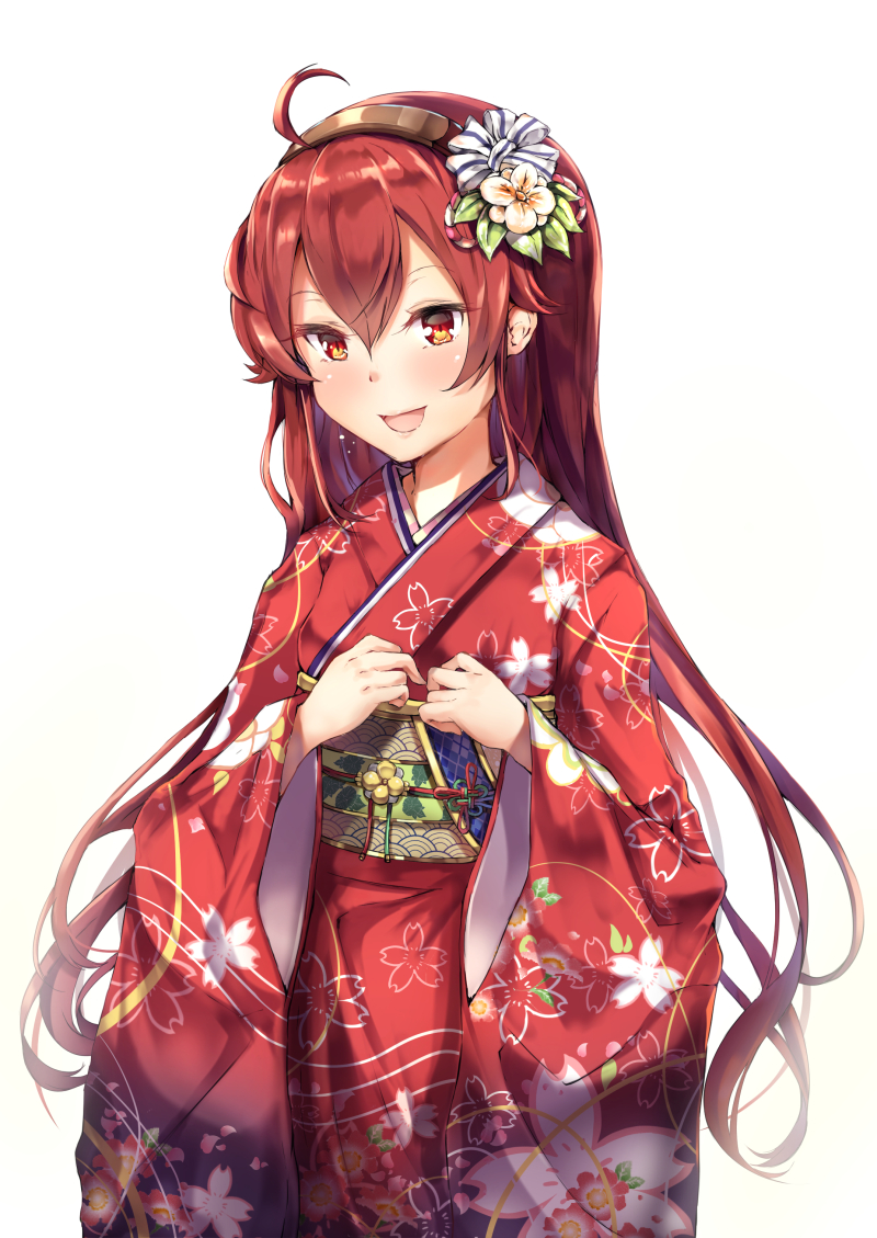 1girl :d ahoge commentary_request eris_greyrat floral_print flower hair_between_eyes hair_flower hair_ornament hairband japanese_clothes kimono long_hair mushoku_tensei nakatokung obi open_mouth print_kimono red_eyes red_kimono redhead sash simple_background smile solo very_long_hair white_background wide_sleeves