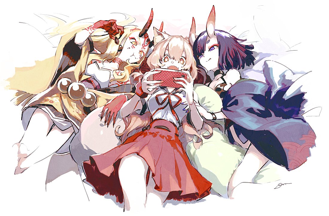 3girls :d animal_ears blonde_hair breasts claws cleavage domu_(hamadura) earrings eating eyeliner fang_out fangs fate/extra_ccc_fox_tail fox_ears horns ibaraki_douji_(fate/grand_order) japanese_clothes jewelry kimono long_hair lying makeup multiple_girls on_back on_side oni open_mouth pleated_skirt purple_hair shuten_douji_(fate/grand_order) skirt slit_pupils smile suzuka_gozen_(fate) violet_eyes yellow_eyes
