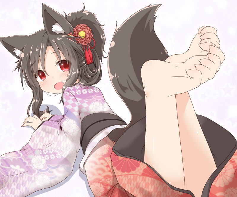 1girl alternate_costume alternate_hairstyle animal_ears barefoot brown_hair fang feet feet_up floral_print flower hair_flower hair_ornament hair_up imaizumi_kagerou japanese_clothes kimono long_hair long_sleeves looking_back lying natsu_no_koucha on_stomach open_mouth red_eyes simple_background smile soles solo tail tassel toe_scrunch toes touhou white_background wide_sleeves wolf_ears wolf_tail younger