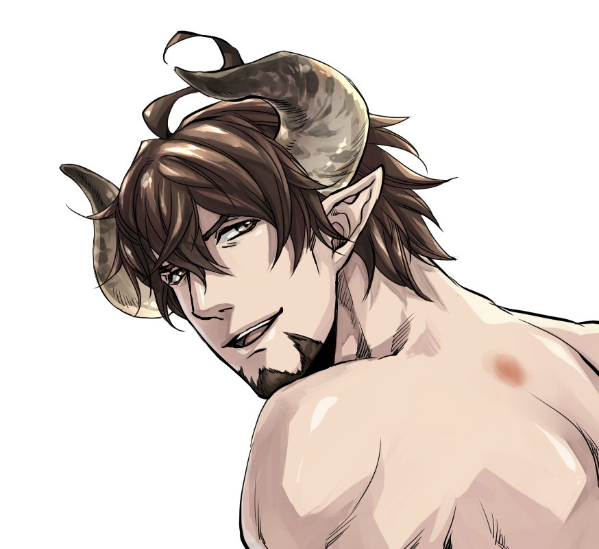 1boy back barowa beard brown_eyes brown_hair doraf facial_hair granblue_fantasy heartilly horns injury male_focus open_mouth pointy_ears portrait shirtless simple_background solo teeth white_background