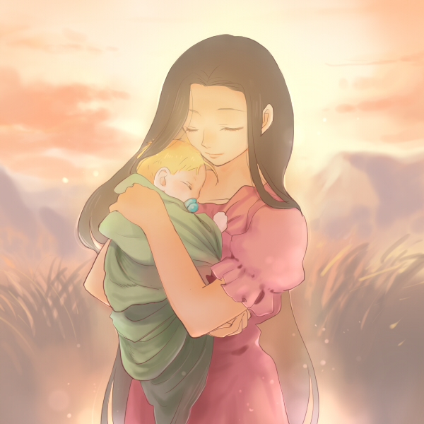 1boy 1girl alphonse_elric baby blanket blonde_hair brown_hair carrying clenched_hand closed_eyes dress fullmetal_alchemist grass hase_(nafela) long_hair mother_and_son pink_dress short_hair simple_background sky sleeping smile trisha_elric very_long_hair