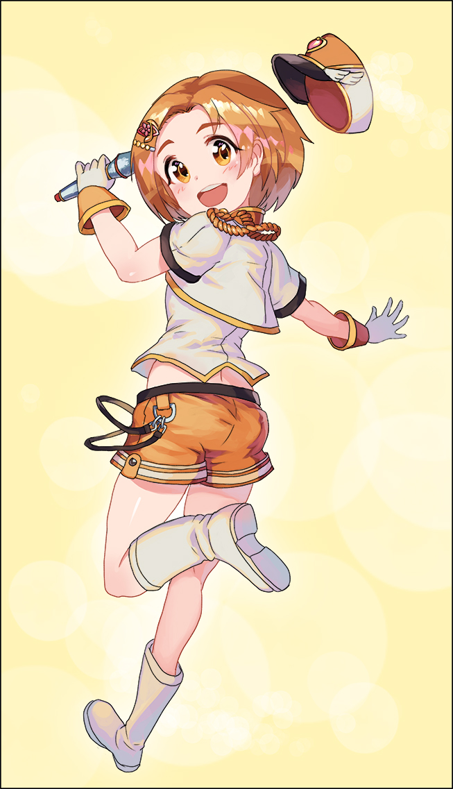 1girl :d blush boots brown_eyes full_body gloves holding holding_microphone idolmaster idolmaster_cinderella_girls marching_melodies microphone musical_note_hair_ornament open_mouth orange_background orange_shorts paintale ryuuzaki_kaoru short_hair shorts simple_background smile standing standing_on_one_leg white_footwear white_gloves